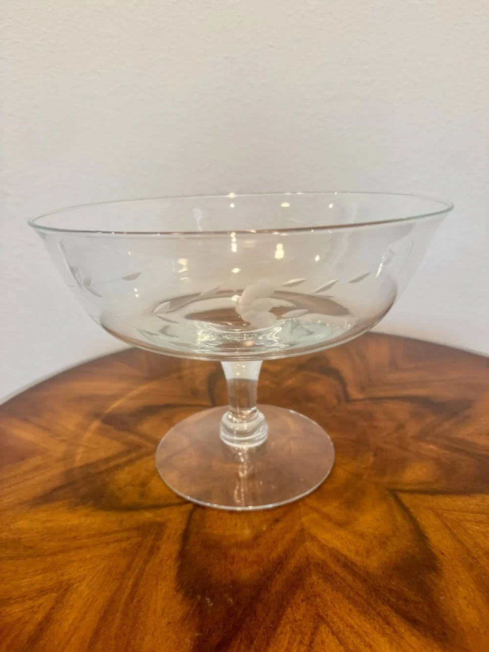 Princess House Heritage Clear Etched Glass Compote Bowl 9 5/8 X 7” Hand Blown